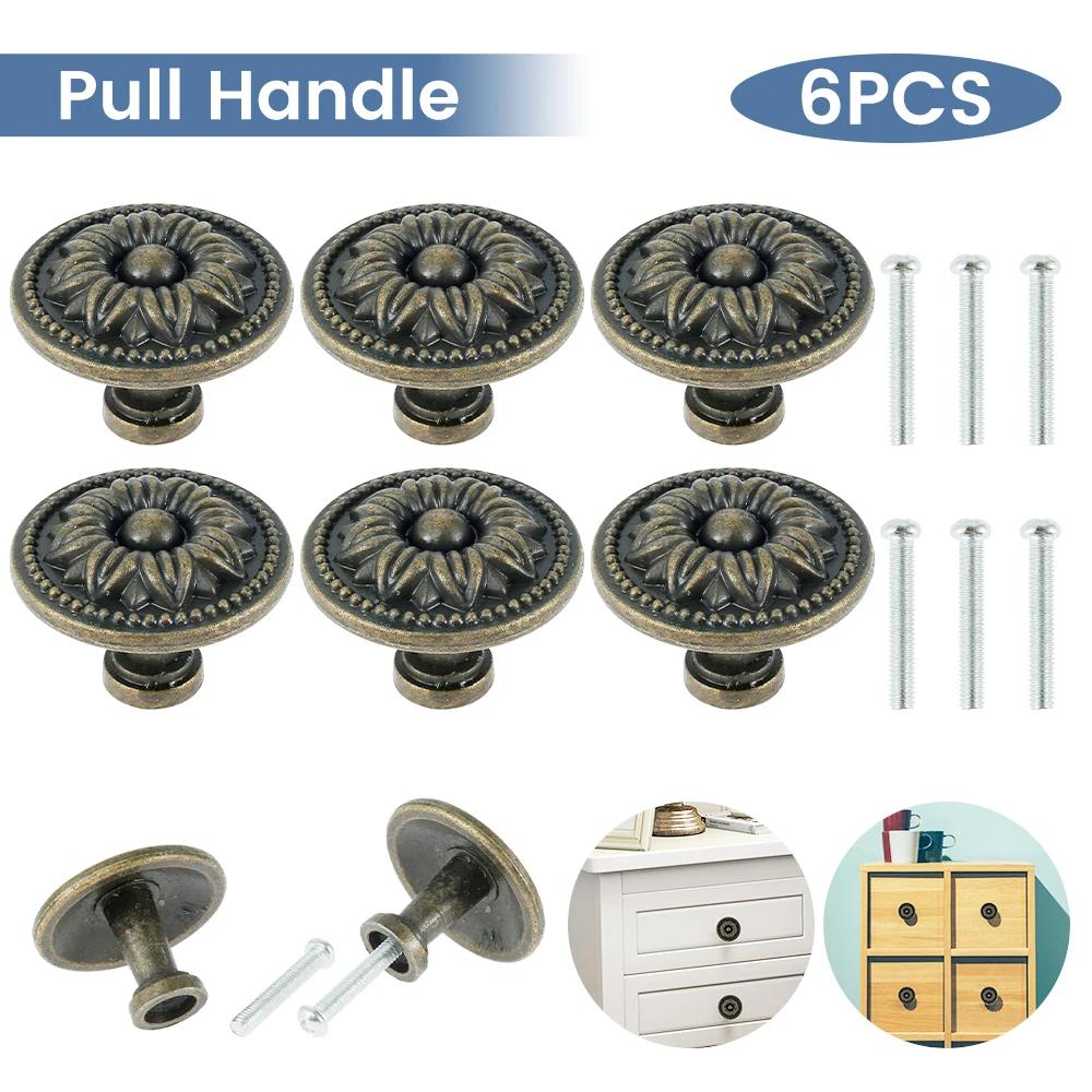 6Pcs Vintage Cabinet Knobs Set Antique Bronze Cupboard Door Pull Knob Round Zinc Alloy Dresser Knob Furniture Handle Pulls