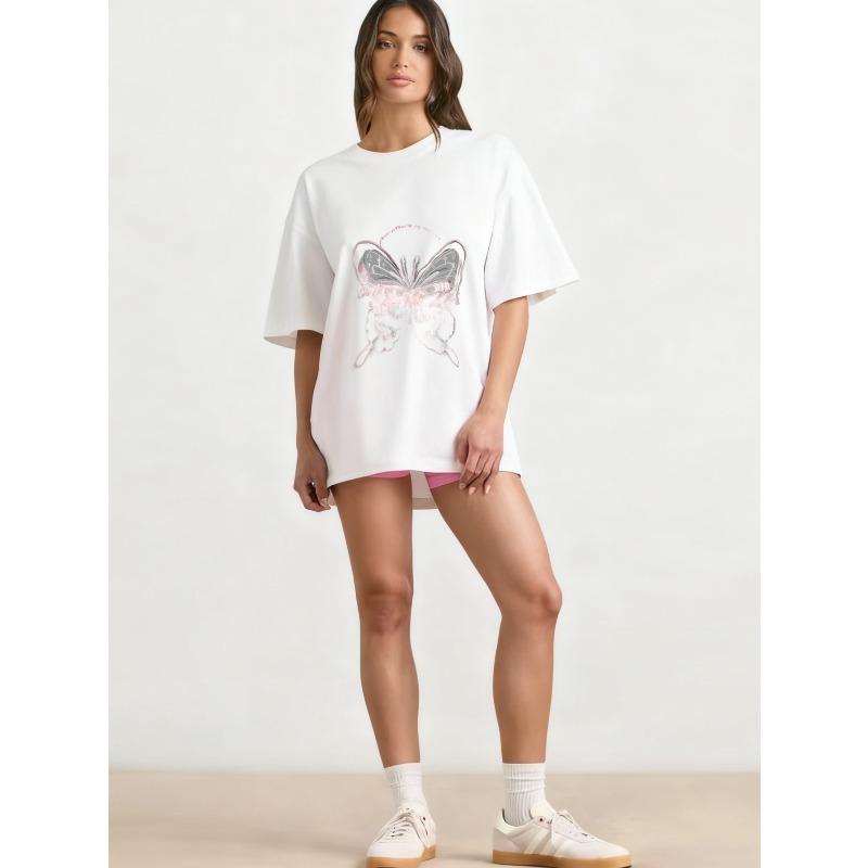 Oversized T Shirt Black Butterfly Print With Text Graphic Women Casual Streetwear Fashion Top Summer Outfit