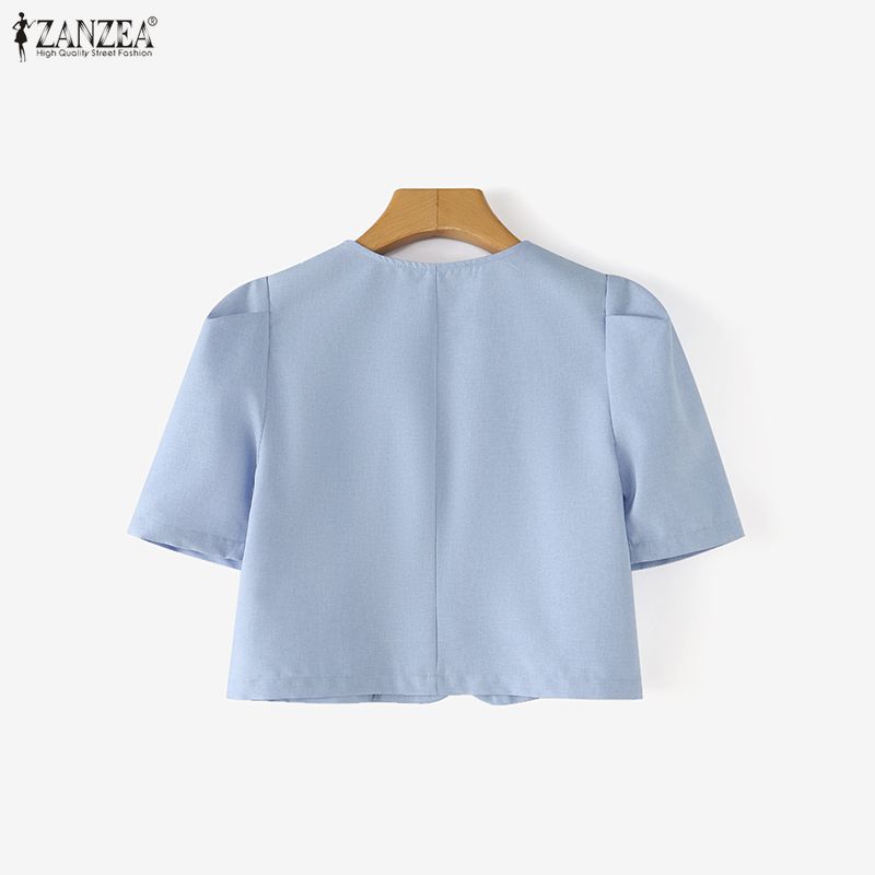 ZANZEA Women Casual Round Neck Solid Color Short Sleeve Cropped Blouse