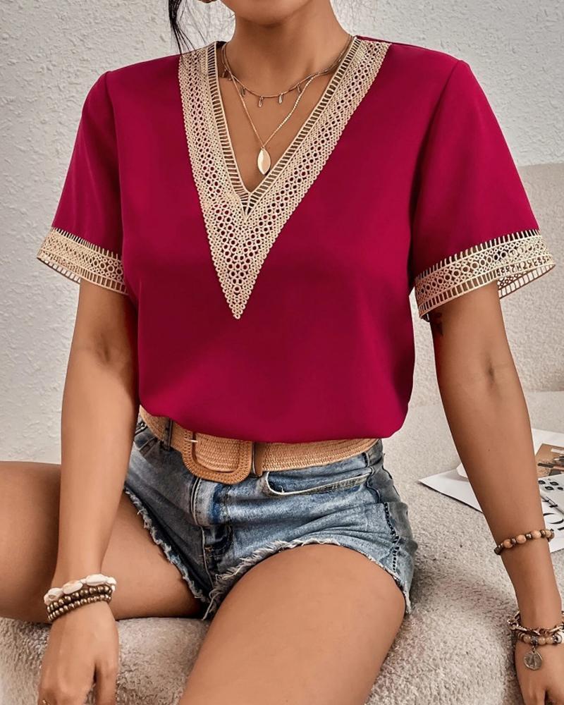 Plus Size Women's V Neck Lacework Loose Top Short Sleeve Casual T-Shirt Woman Blouses & Shirts