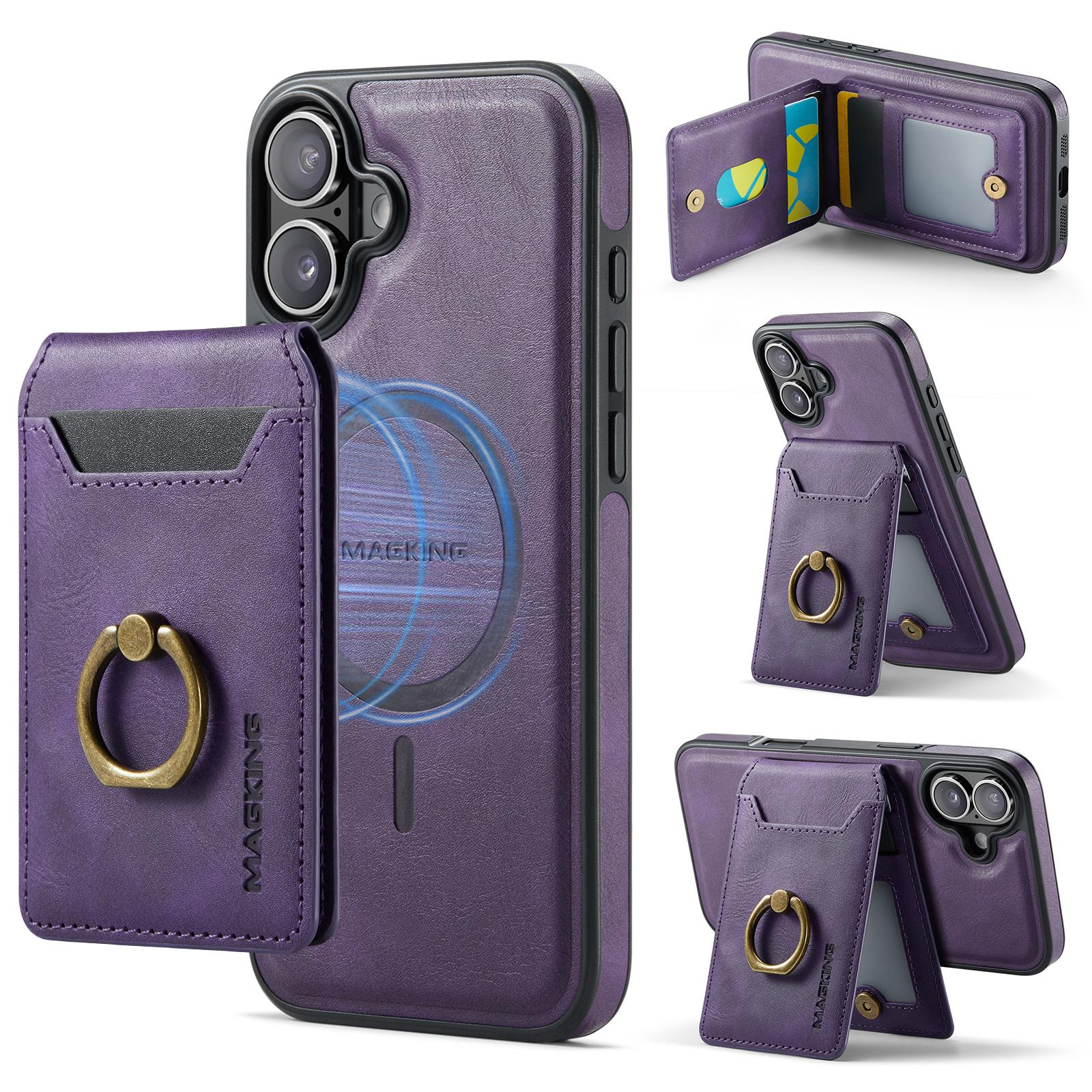 

MAGKING K1 Series For iPhone 16 Magnetic Case PC+TPU+PU Phone Cover with Card Holder Kickstand - Coffee