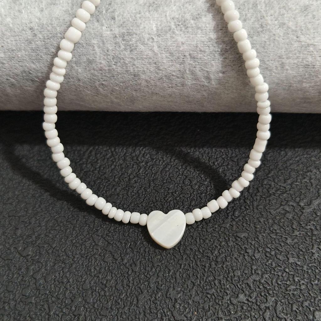 Bohemian White Rice Bead Anklet with Heart & Mother-of-Pearl Pendant