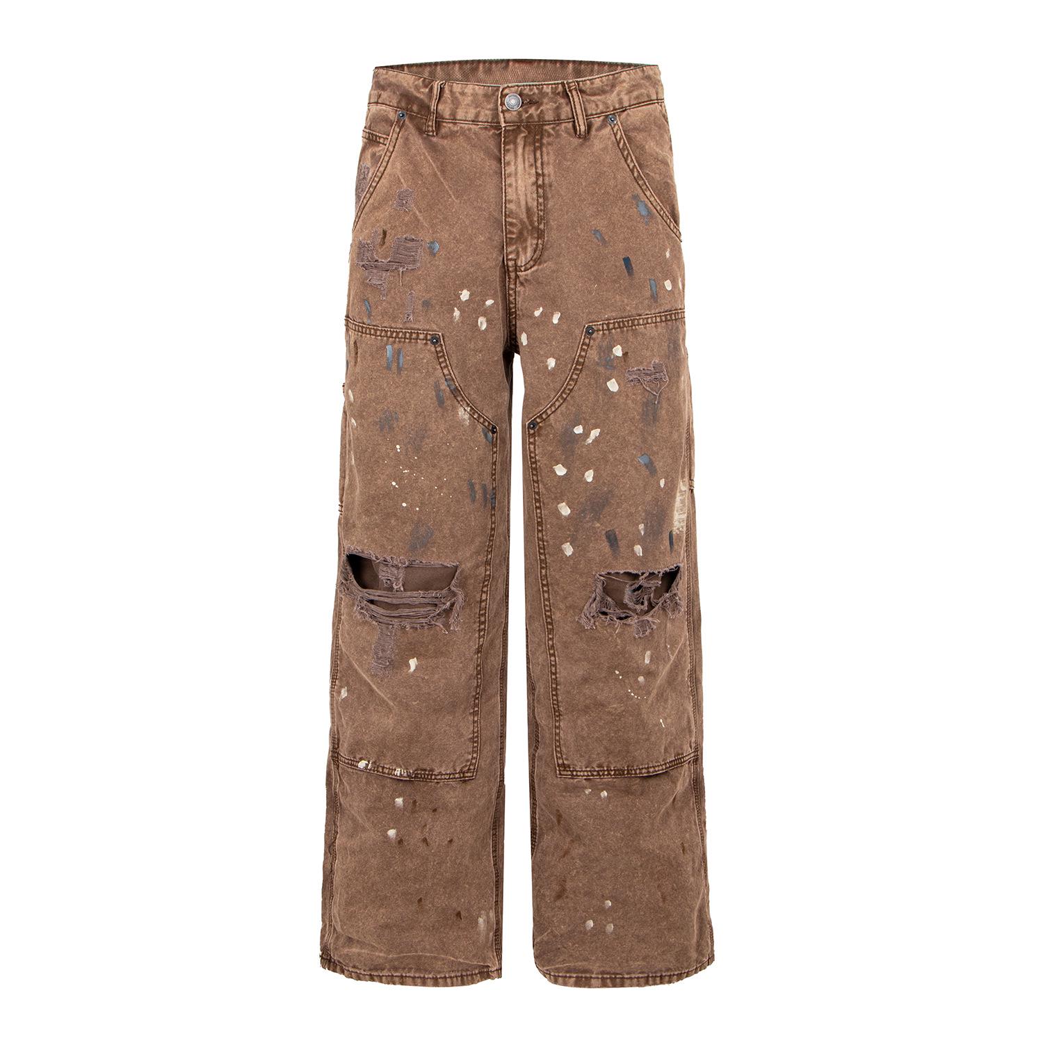 

American Retro Patchwork Lumberjack Workwear: Unisex Loose Straight-Leg Pants with Ink Splatter and Worn-Out Design Extra Large какао коричневий колір