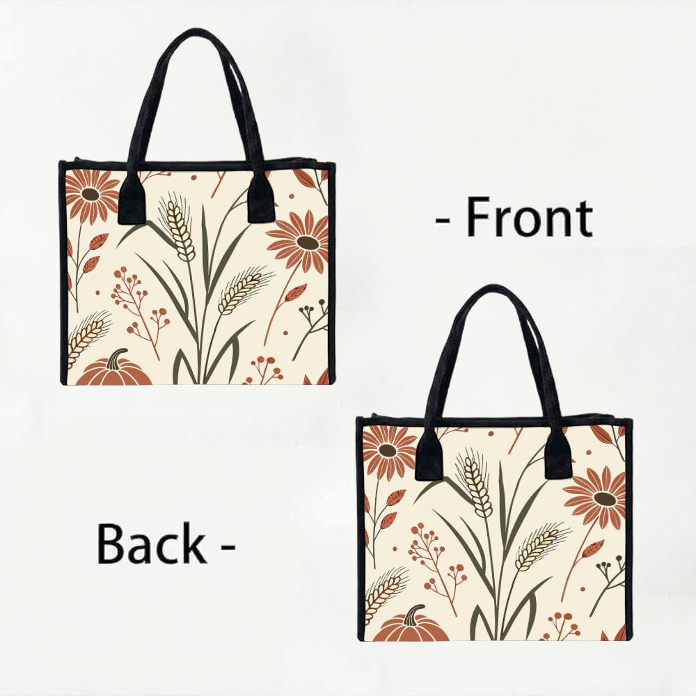 Fall Floral Wheat Pumpkin Tote Bag Casual Large Capacity Reusable Daily Handbag for Women Autumn Outdoor Shopping Travel