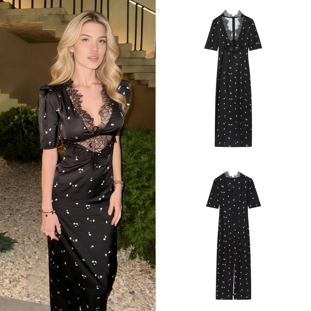Waist-Cinching Slimming Dress: Women's European & American Style, Sexy Lace Patchwork, V-Neck Print