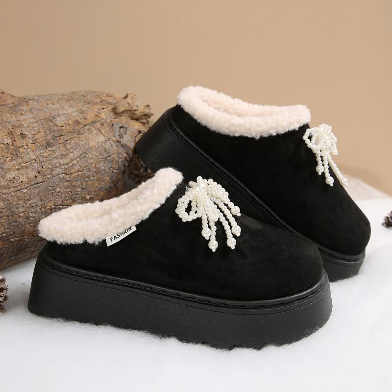 Chunky Platform Wedge Heel Furry Outdoor Slippers Women 2025 Winter Thick Bottom Plush Mules Slippers Sweet Pearl Bowknot Slides
