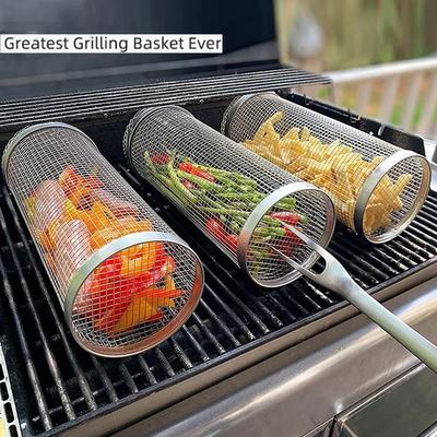 Grillkorg Rostfritt Stål Rullande Grillkorg Trådnät Cylinder Cylindrisk Bärbar Rund Utomhus Camping Grillställ