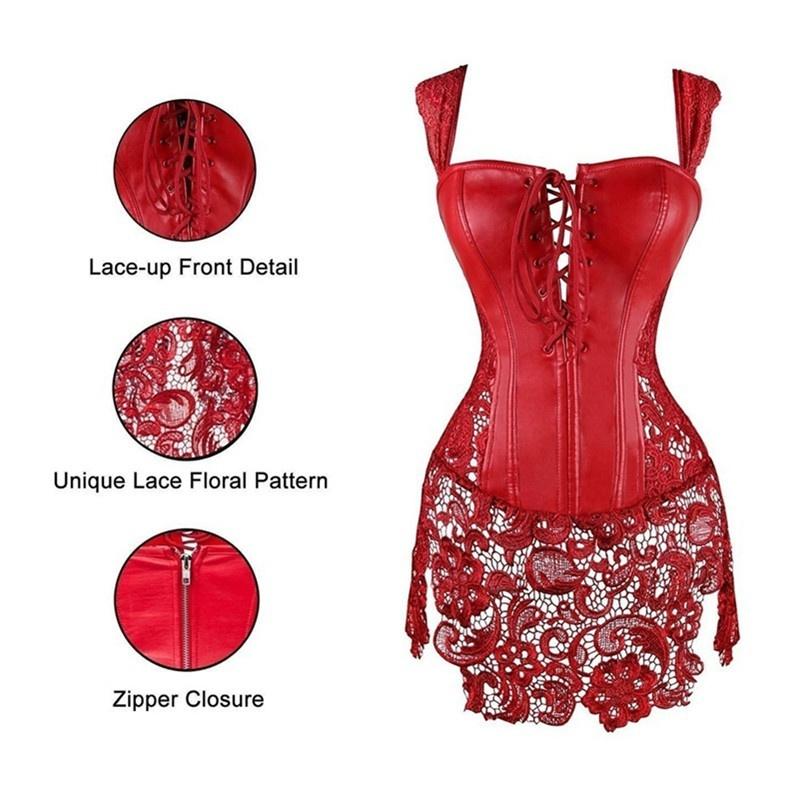 

Женский комплект корсета-бюстье из искусственной кожи с глубоким V-образным вырезом и шнуровкой, комплект нижнего белья (Топ и Т-образная спинка) 6XL красный