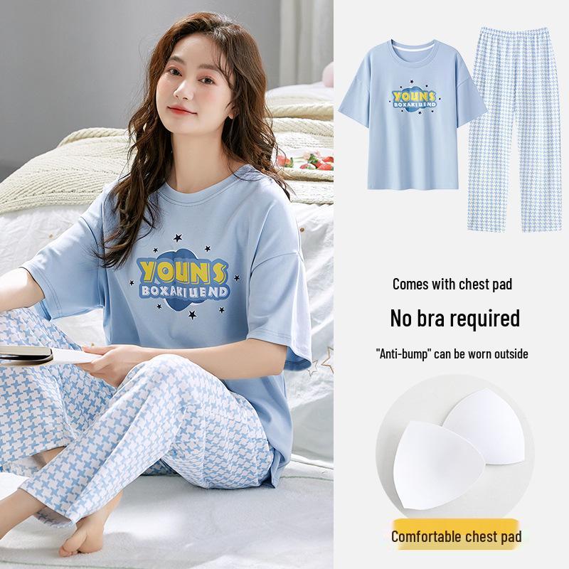 

2025 Women s Short Sleeve Pajama Set with Chest Pad – Summer Thin, Anti-Bulge, Wear Indoors or Outdoors L for Women [95-110 lbs]