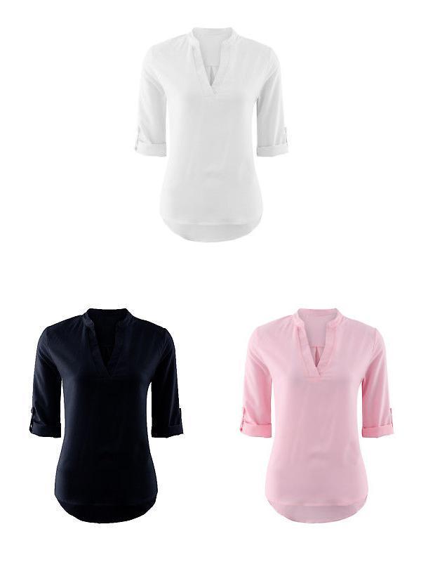 Polyester V Neck Button Front Womens Casual Shirt For Office And Spring Wear