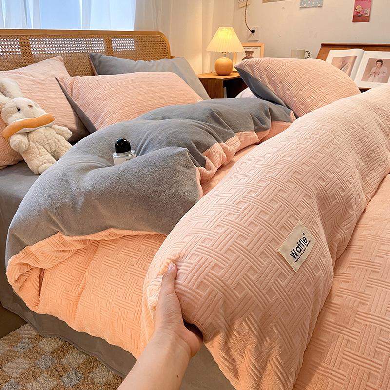 Double-Sided Thickened Milk Coral Fleece Bed Four-Piece Set Fleece Quilt Cover Coral Flannel Bed Sheet Bedding
