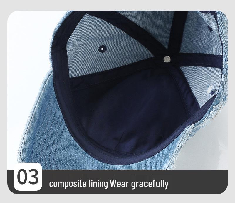 Korean Retro Washed Denim Baseball Cap with Holes for Men and Women - Spring/Autumn Style Sunshade Duckbill Hat