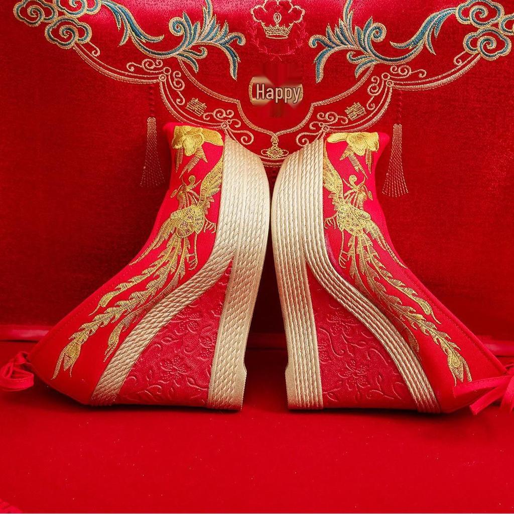 Show He Women's Spring Pearl Tassel High Heel Bridal Embroidered Shoes