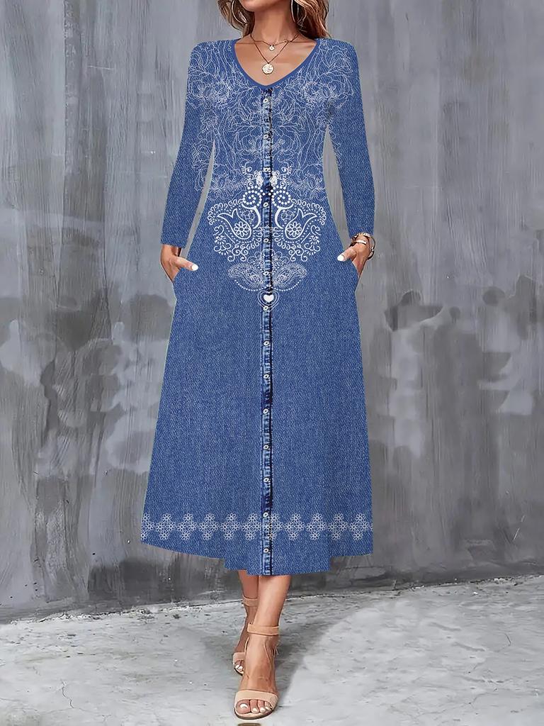 2025 Herbst und Winter Neue Damen Casual Mode Kleid Herbst 3D Blumenmuster Langarm V-Ausschnitt A-Linien Kleider