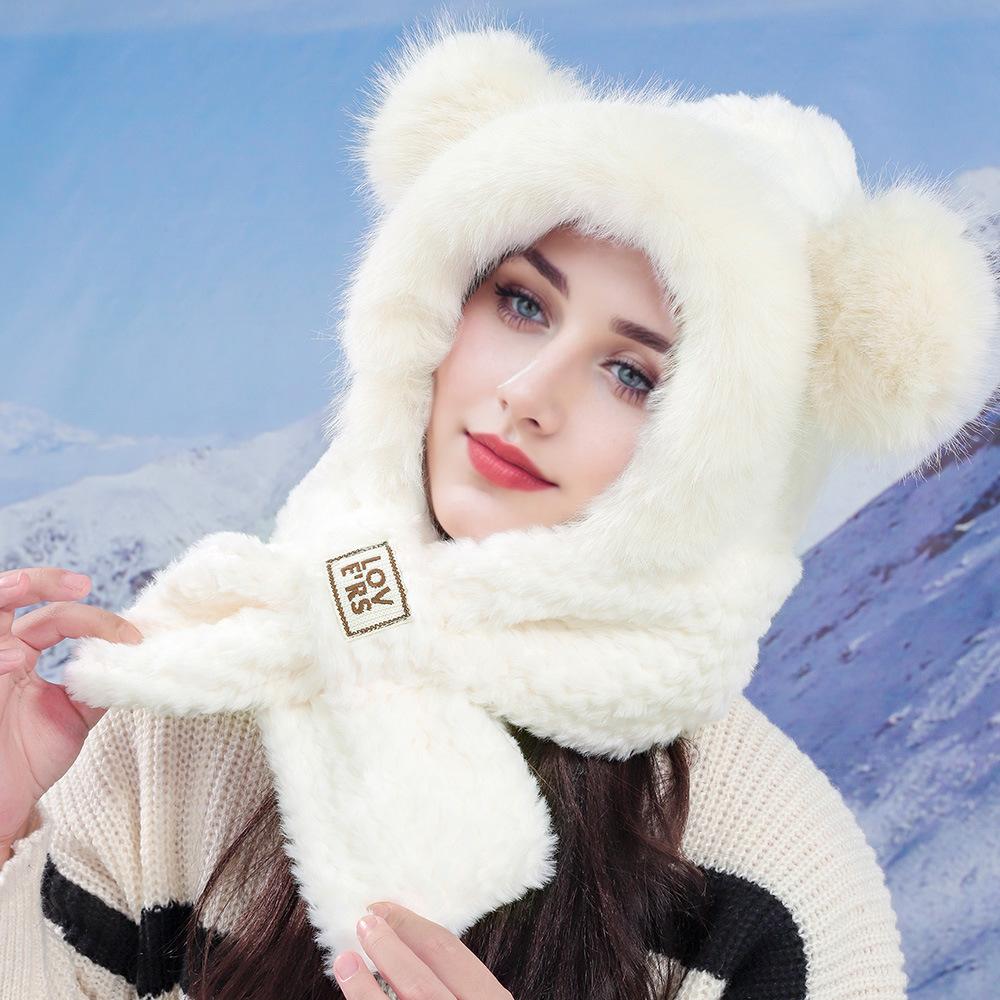 Warm Plush Hat for Women In Winter Plush Thickened Cold Protection Versatile Scarf Hat Integrated Furry Ear Protection Hat