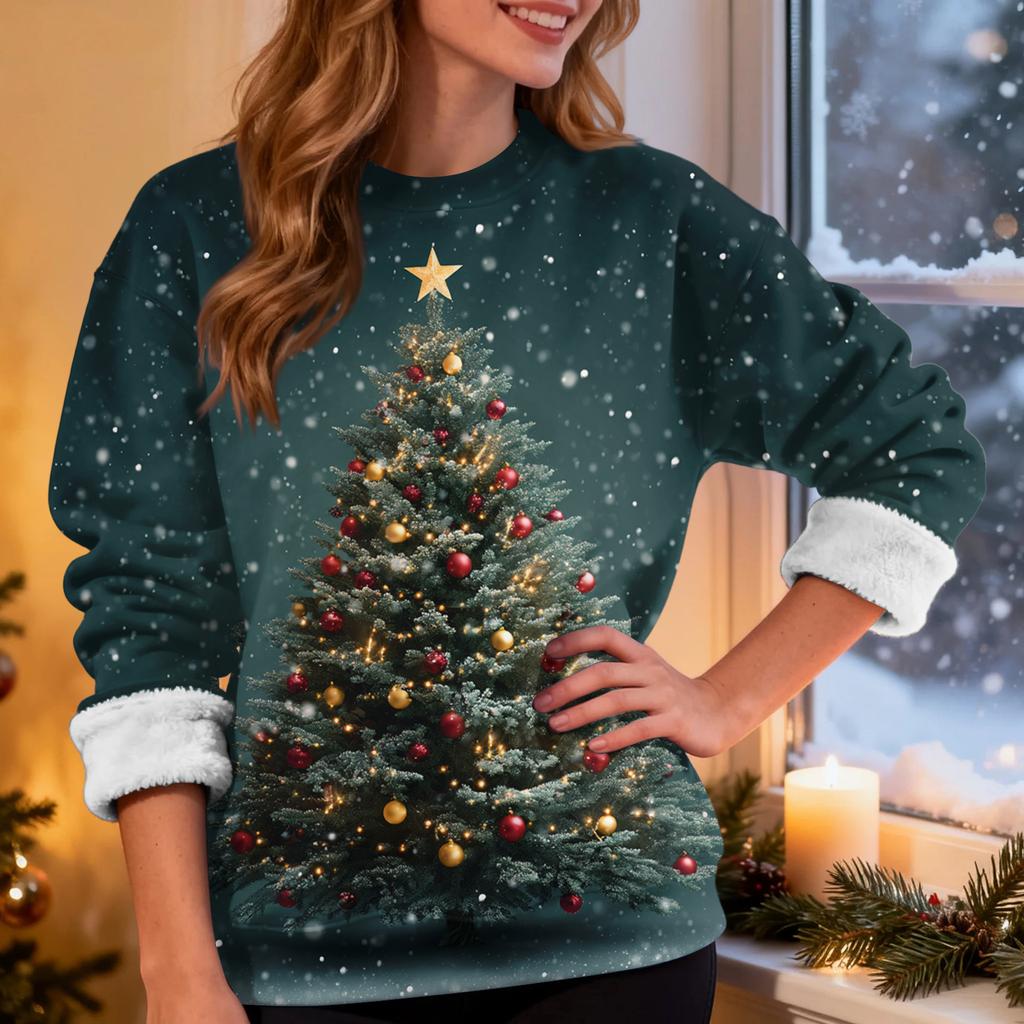 Women's Casual Fashion Round Neck Plus Velvet Thickened Christmas Print Sweatshirt