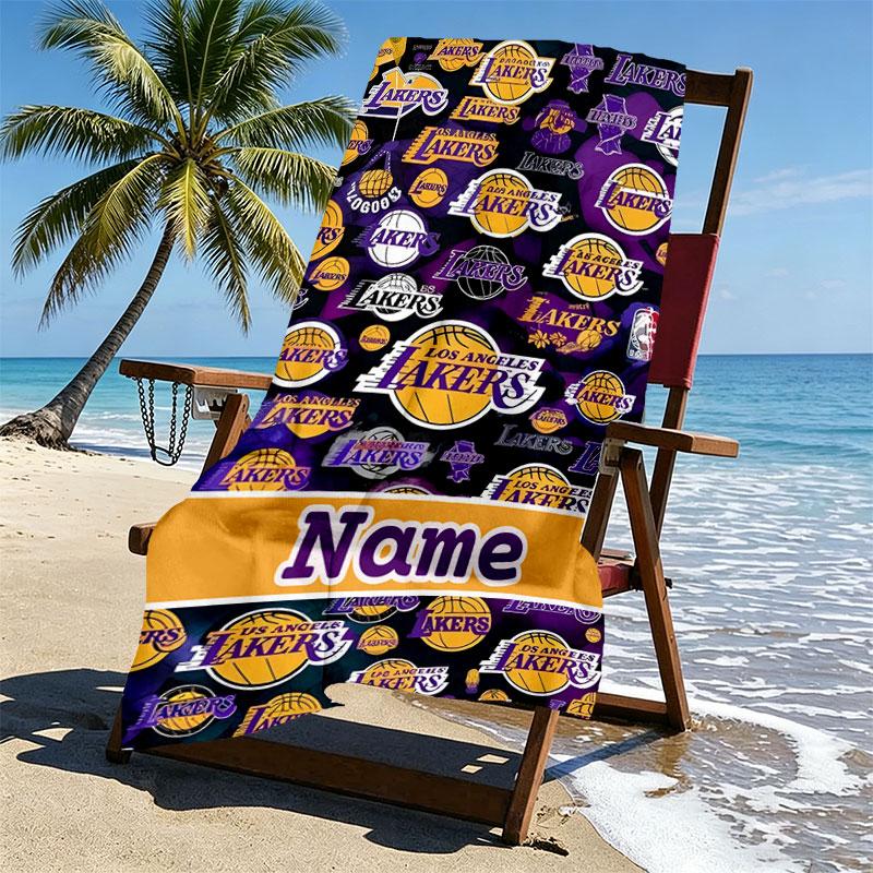 Custom Name Personalized Los Angeles Lakers Basketball Print Beach Towel, for Trip Camping Beach Party Home Decor, Birthday Gift for Family & Friends