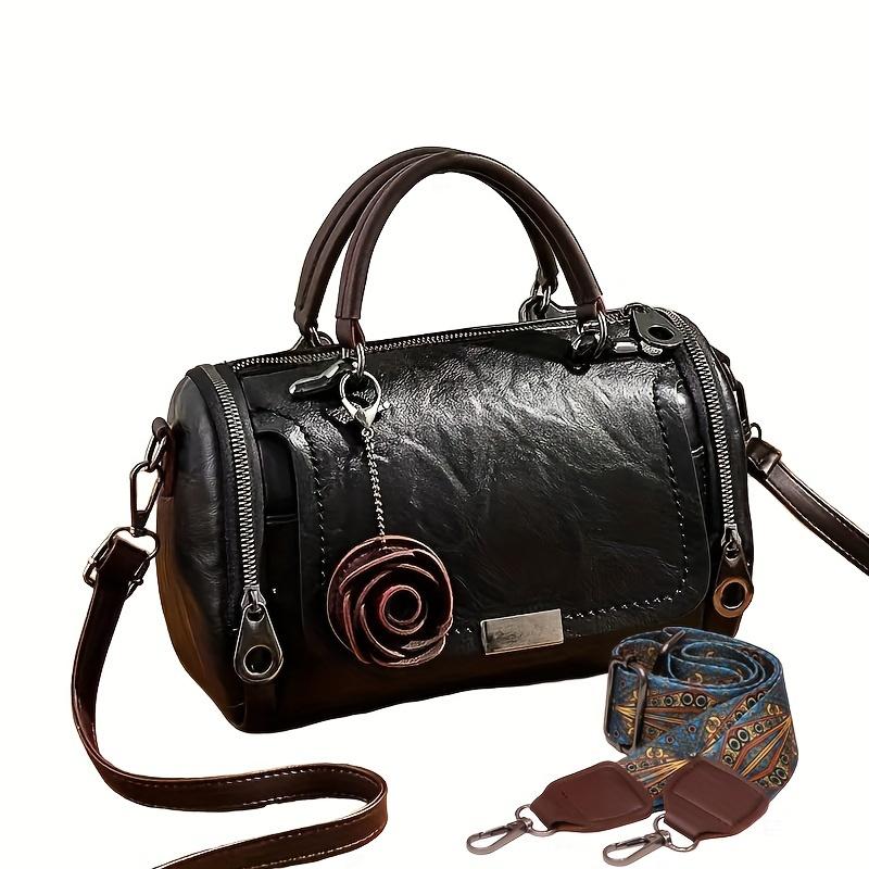 Large Vintage Boston Handbag - Solid Color PU Satchel with Zipper Closure, and Flower Pendant - Perfect for Occasional Use