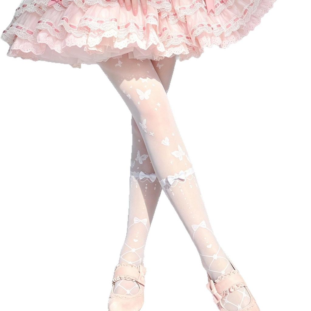 Lolita bow milk white stockings women's summer thin diamond print straps lolita ballet pantyhose