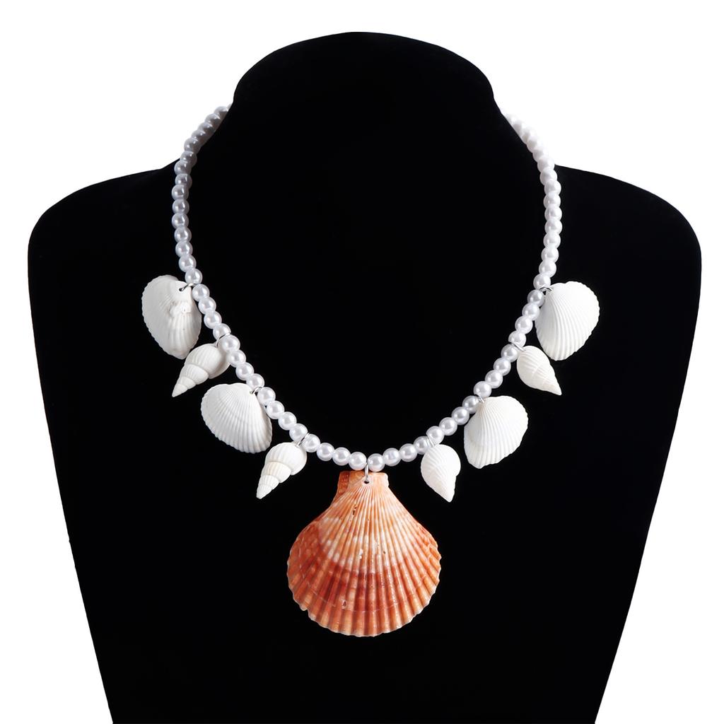 Biżuteria transgraniczna, Styl wakacyjny, Naszyjnik łańcuszkowy z muszelką nadmorską i sztuczną perłą, Etniczny naszyjnik z muszelką plażową