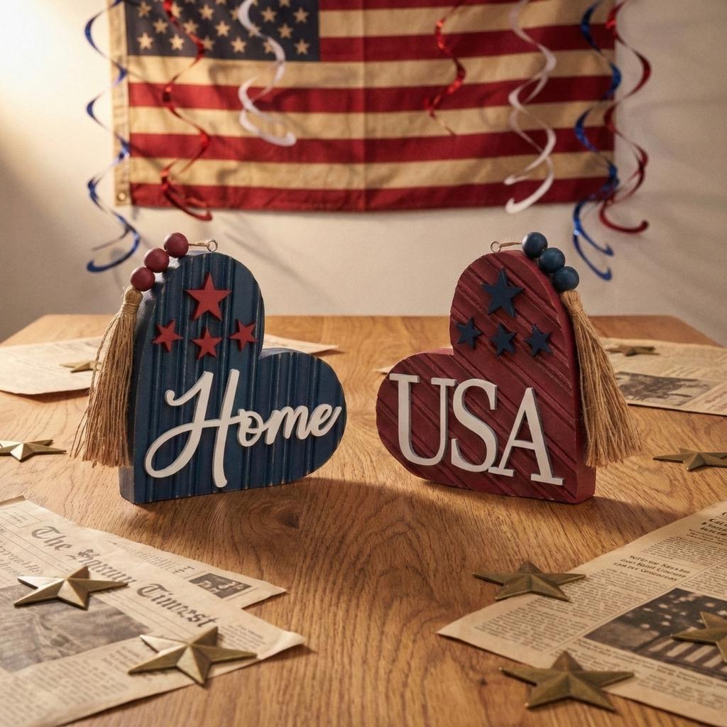 Independence Day Heart-Shaped Flag Red And Blue Stars And Stripes Wooden Decoration For Holiday Desktops Independence Day