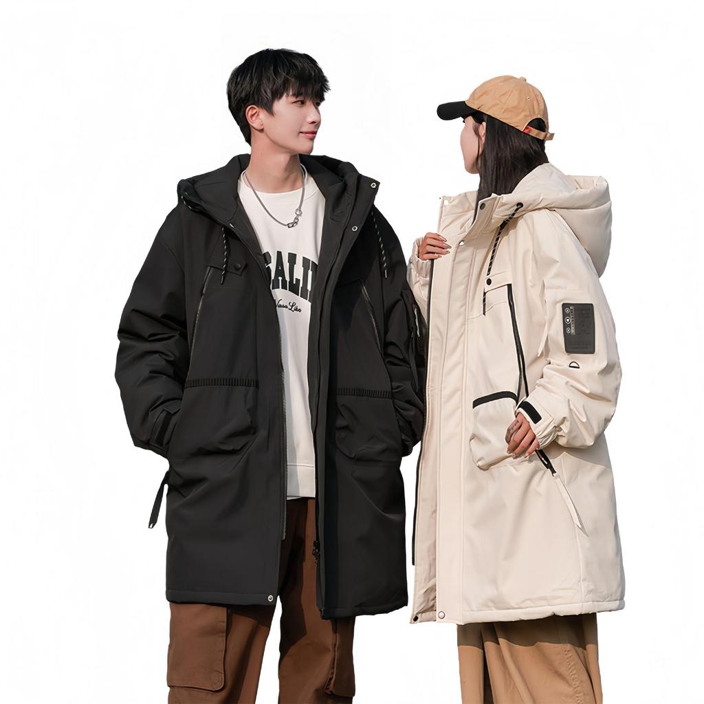 Unisex Mid-Length White Duck Down Winter Jacket: Windproof Hooded & Warm.