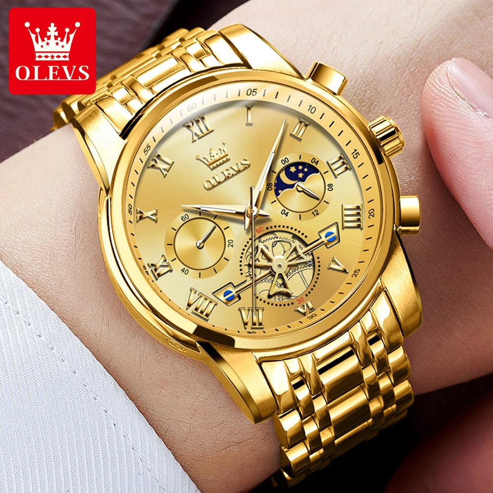 OLEVS Top Original Quartz Men's Watches Classic Roman Scale Dial Moon Phase Waterproof Luminous Luxury Wrist Watch for Male