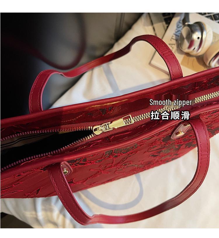 Women's Large Red Canvas Handbag - 2025 Stylish Single Shoulder Tote for Bridal Wedding Banquet