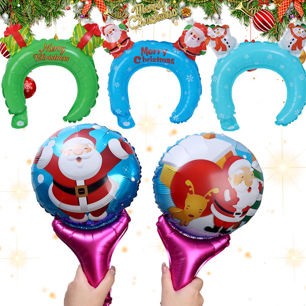 Christmas Children Party Decorative Toys Hand-Held Aluminum Balloon Stick Santa Claus Snowman Balloon Hairband Hair Accessories