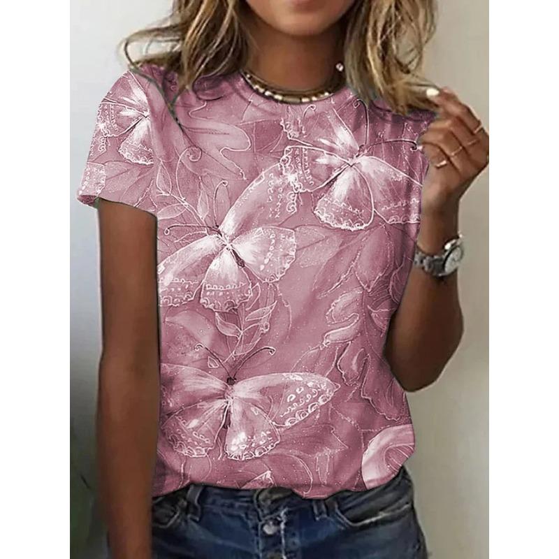 Summer Round Neck 3D Butterfly Print Top Fashionable Casual Short Sleeved Women's T-shirts