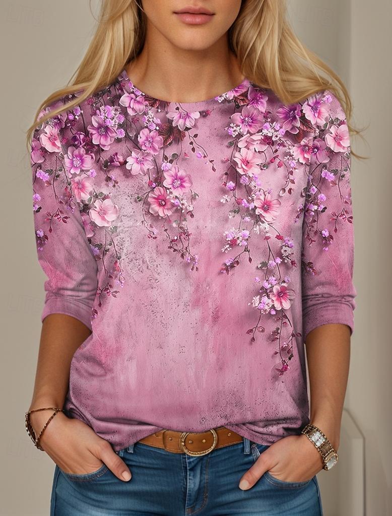 Fashion Women's Vintage Flower Graphic O-Neck Long Sleeve T-Shirt Casual Tops Womens Clothing Harajuku Female Clothing Pullover