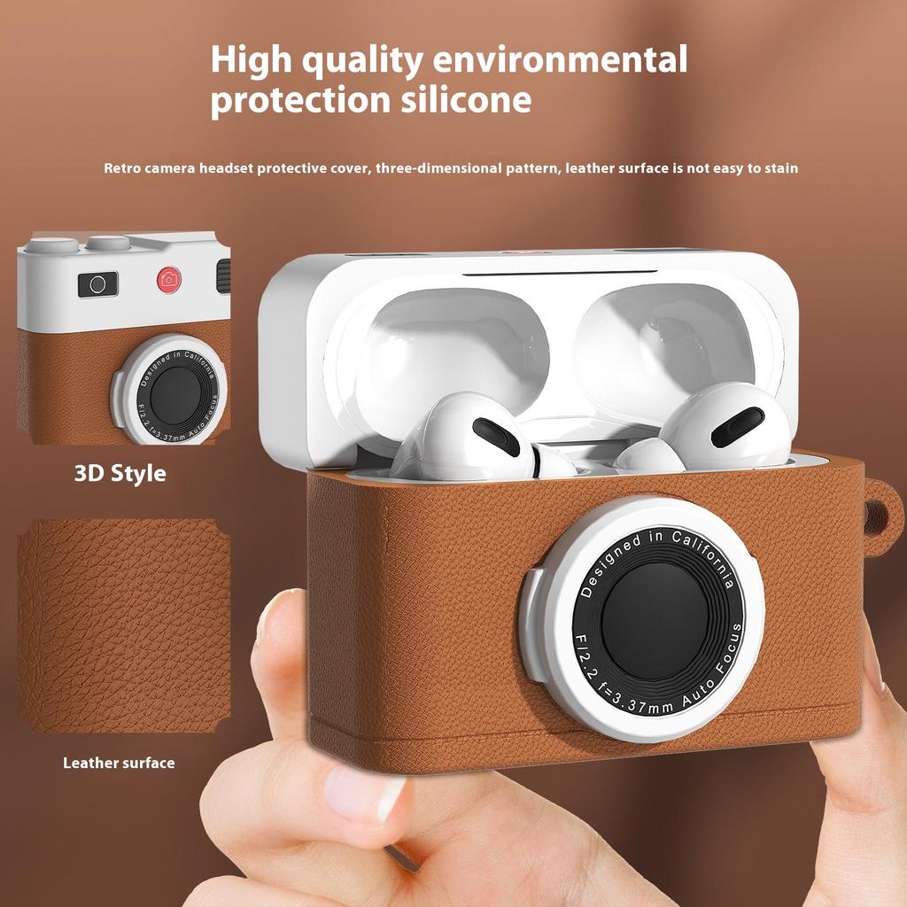 For Apple AirPods Pro 2/AirPods Pro Case Retro Camera Design Liquid Silicone Earbuds Carrying Cover with Carabiner
