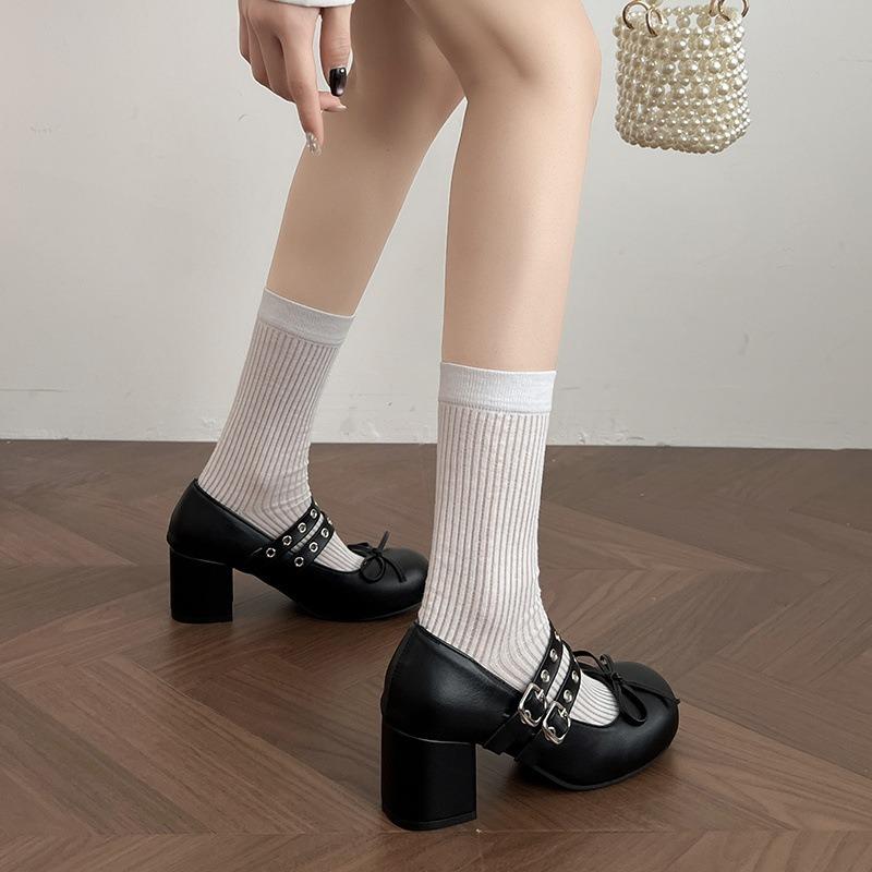 Designer Thick Heel Women Mary Jane Shoes Concise Round Toe Belt Buckle Shoes 2026 New Spring Female Elegant Dress Pumps
