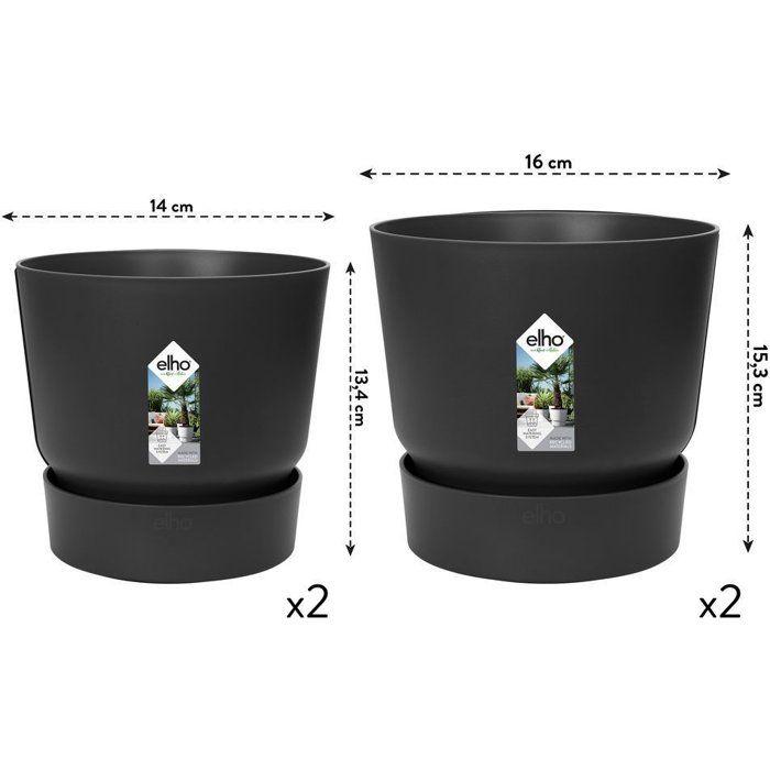 ELHO Lot de 2 pots de fleurs rond Greenville - Ø14xH13,4 cm et Ø16xH15,3 cm - 7 L - Noir