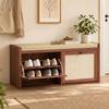 Rattan Shoe Bench with Padded Cushion and 2 Cabinets for Hidden Storage, Brown