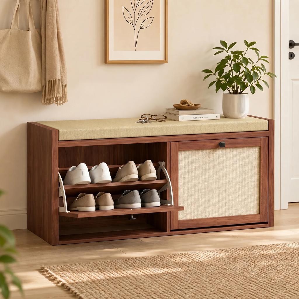 Rattan Shoe Bench with Padded Cushion and 2 Cabinets for Hidden Storage, Brown