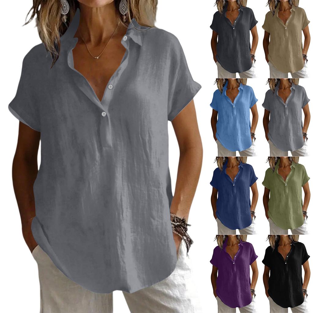 Women's Loose-Fit -Color Cotton-Linen Shirt: Casual Short-Sleeve Top