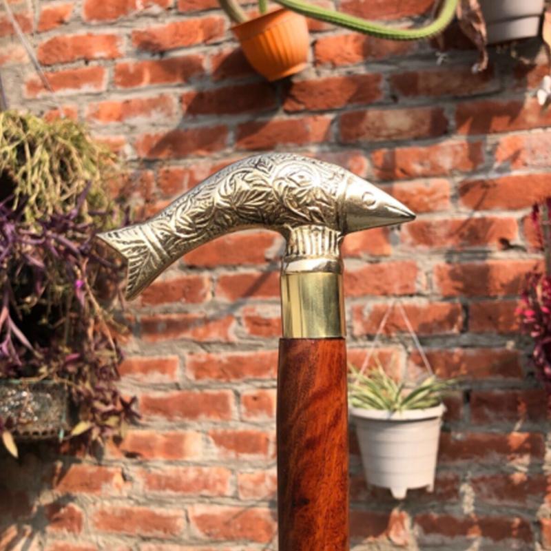 Handmade Brass Antique Fish Head Handle Victorian Walking Stick Wooden Cane Gift