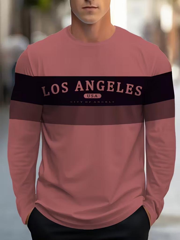 Mens T Shirt Los Angeles 3D Print Long Sleeve Autumn Striped Round Neck Outdoor Sports T-Shirt for Men Daily Men's Tops Clothing