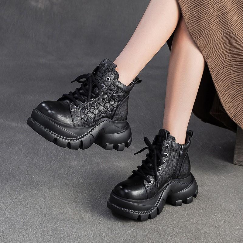 Johnature Retro Genuine Leather Thick Soled Short Boots Comfortable Side Zipper Women's Platform Shoes