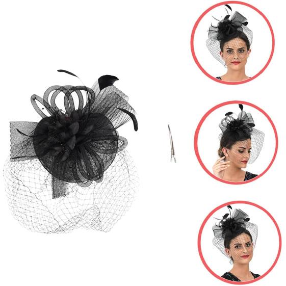 Decorative Hat with Floral Accent and Mesh for Women, Black Cocktail Tea Party Headpiece Hair Clip, Wedding Special Occasion Accessory
