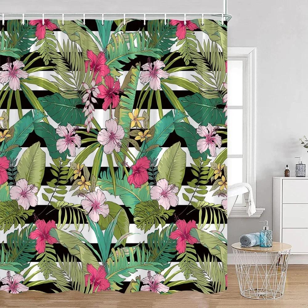 Tropical Leaves Shower Curtain Green Leaf Palm Flower Flower Bathroom Curtain Green Plant Bathroom Decoration with Hook