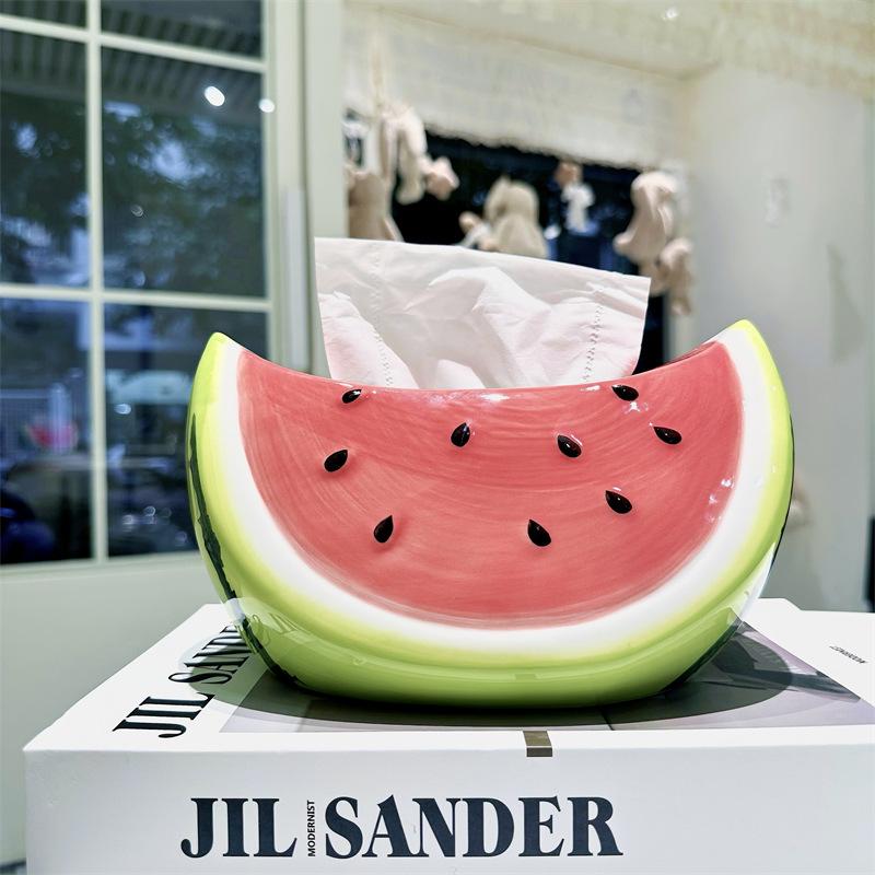 8.66" Watermelon Shaped Ceramic Tissue Box, Waterproof Napkin Holder for Coffee Table Entrance Living Room Decor
