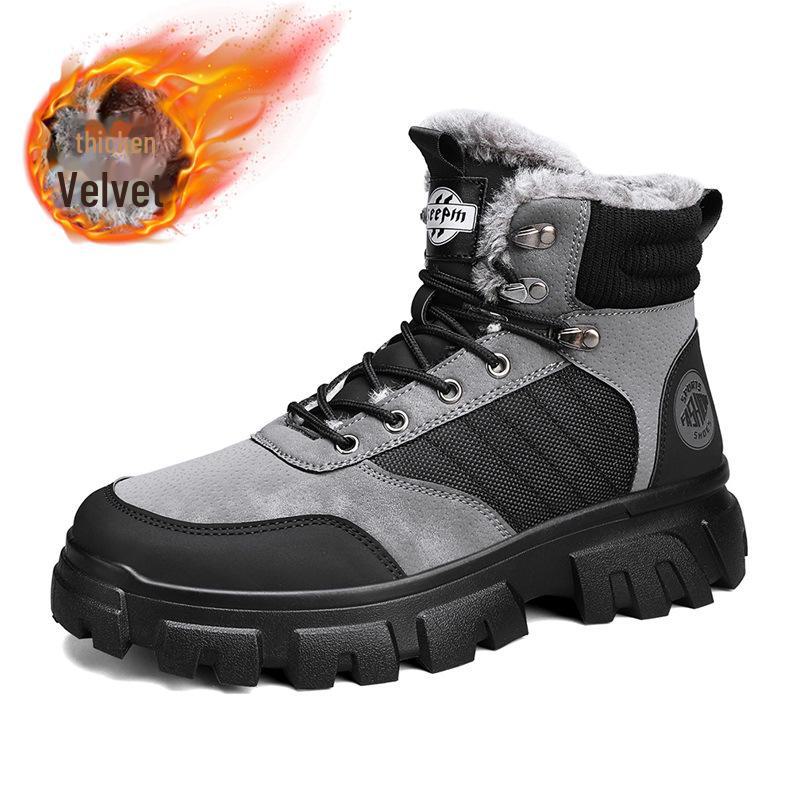 British Style Men's Winter High-Top Velvet Lace-Up Cotton Boots with Thick Soles