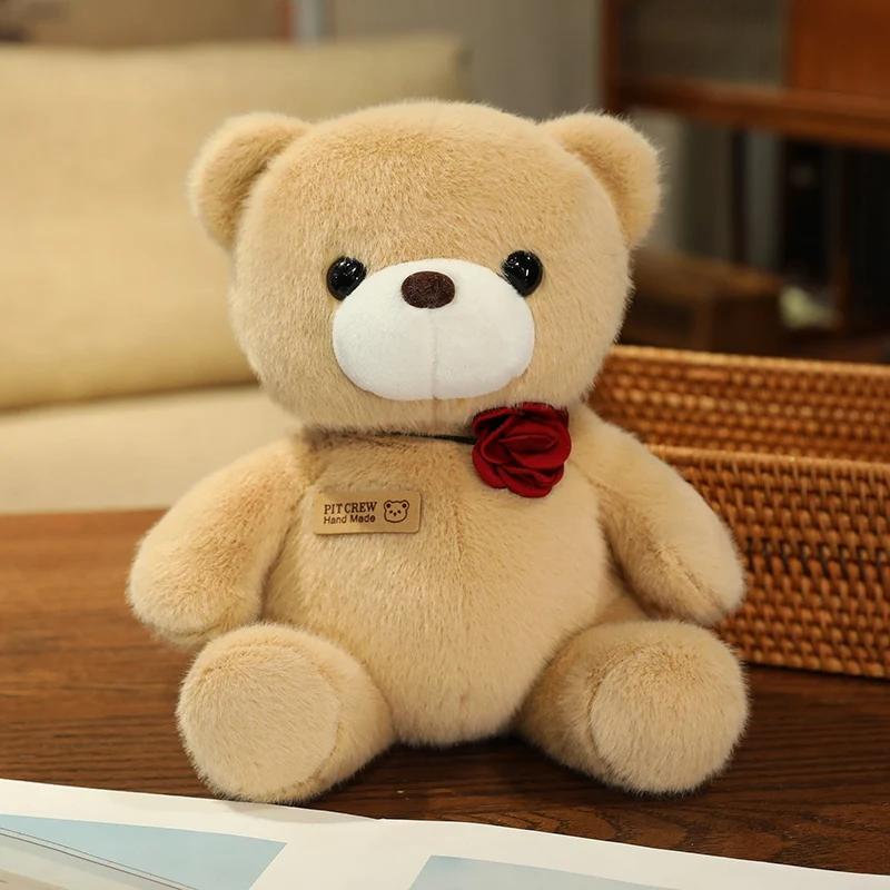 25cm Kawaii Colorful Bow Tie Bear Doll Plush Toy Stuffed Bear with Rose Animal Doll Birthday Gift Pillow for Girls Children