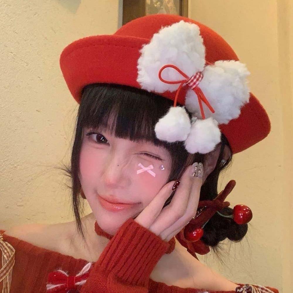Japanese Style Woolen Bucket Cap Vintage Looking Girls Dome Hat Basin Hat Red Bowler Hats  Autumn