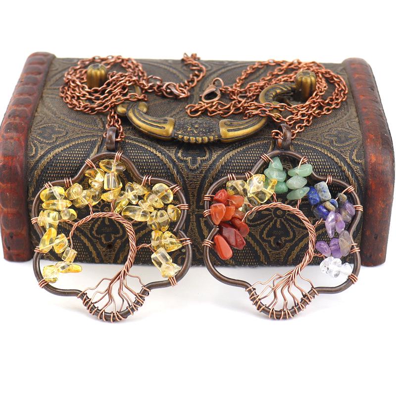 Vintage Sunflower Hand-Wound Tree of Life Necklace with Crushed Stone Crystal Pendant