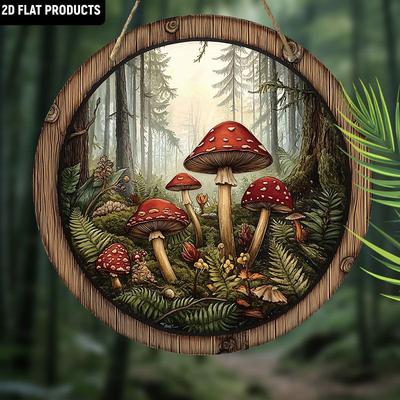 2D Flat Hanging Decorative Signs,nterior Wall or Door Decoration, Garden Decoration,the Pattern Is Red Mushroom Forest,a Housewarming Gift for Friends