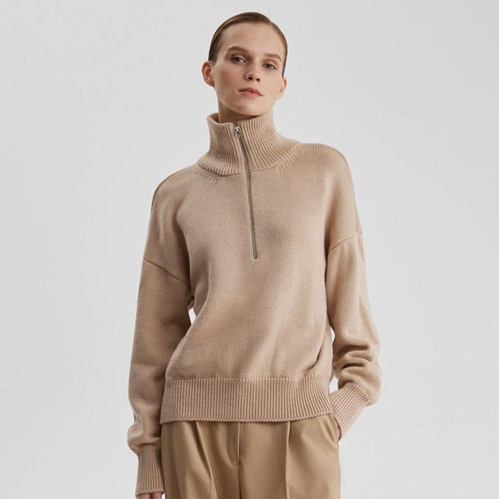 Knitted Lady'S Sweater Stand Collar Drop Shoulder Sleeves Loose Oversized Zippers Fluffy Pullover Autumn Casual Jumper