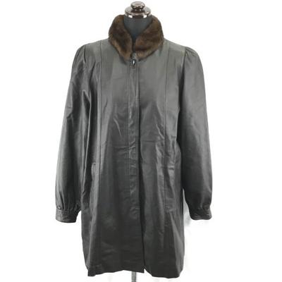 Cow Leather Balmacaan Coat Ribbed Cuffs Brown Women's Free(USED)